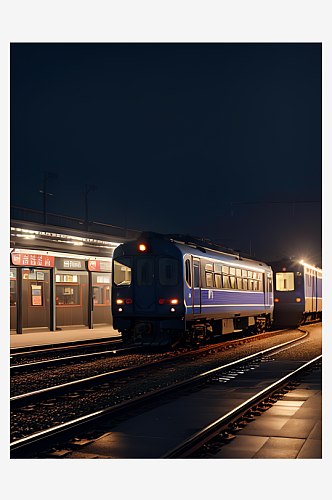 AI数字艺术摄影风夜晚铁路轨道运输