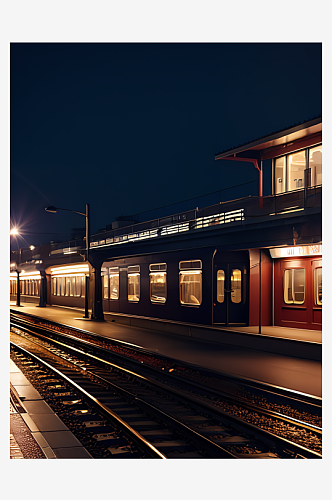 摄影风夜晚铁路轨道运输AI数字艺术