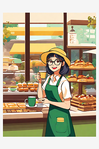 卡通风咖啡蛋糕店店员AI数字艺术