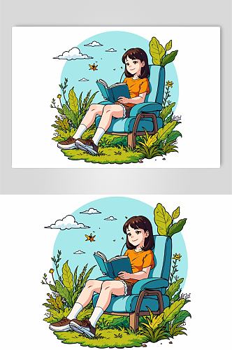 坐着看书的女孩插画