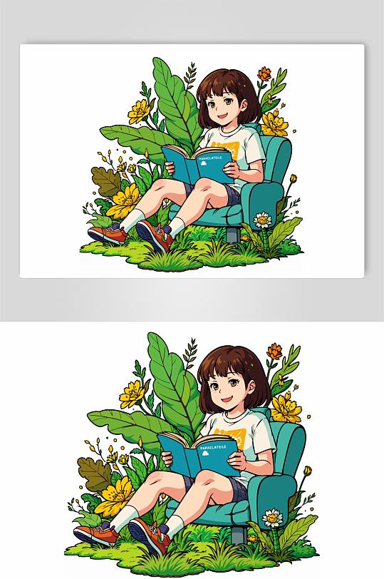 坐着看书的女孩插画