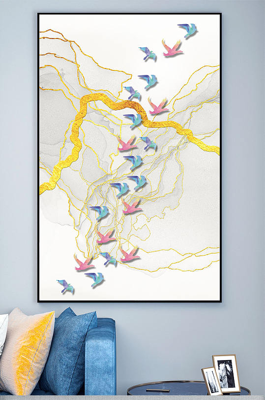 新中式飞鸟抽象金丝装饰画