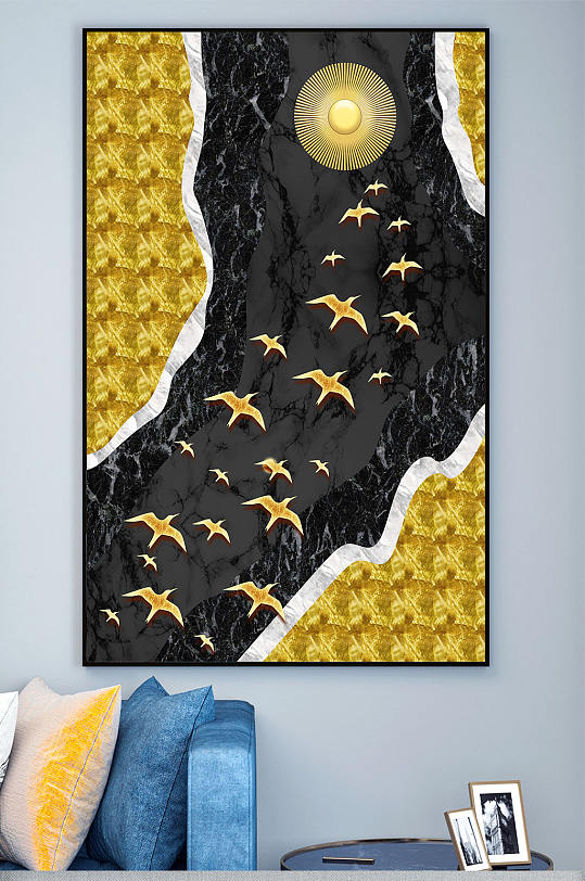 抽象金色飞鸟晶瓷画装饰画