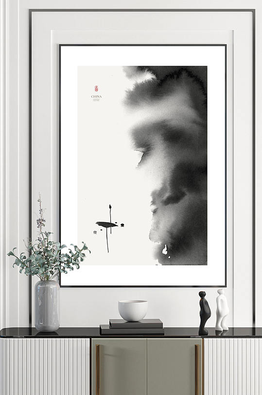 中式黑白水墨荷叶装饰画-众图网