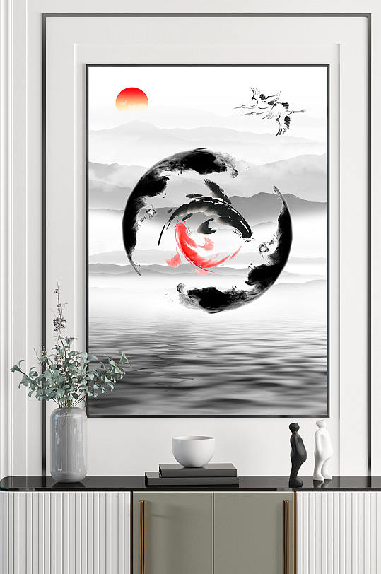 新中式水墨鲤鱼禅意装饰画-众图网