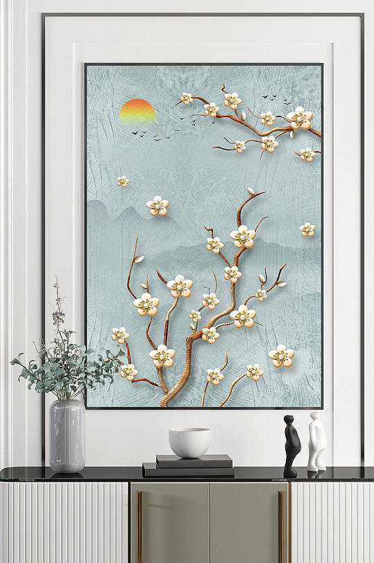 中式梅花花枝客厅装饰画-众图网