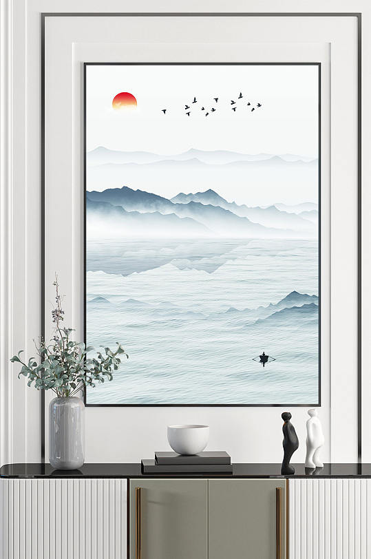 新中式意境山水飞鸟装饰画-众图网
