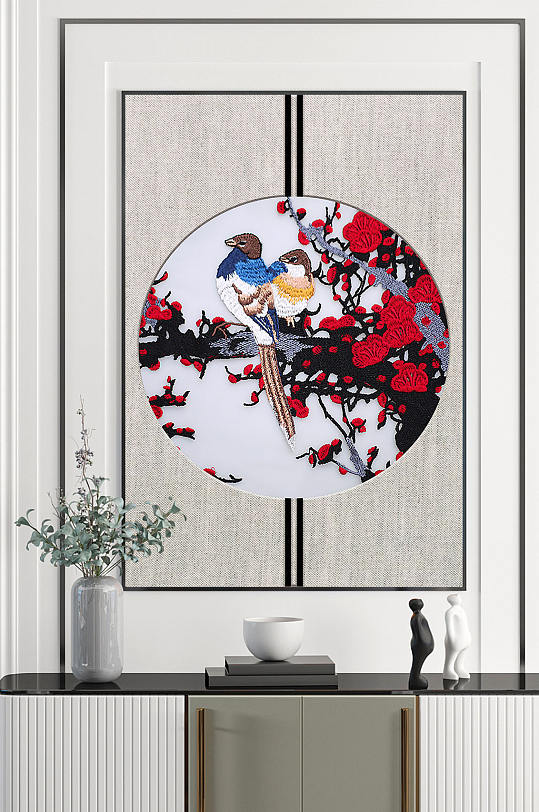 中国风刺绣梅花小鸟装饰画-众图网