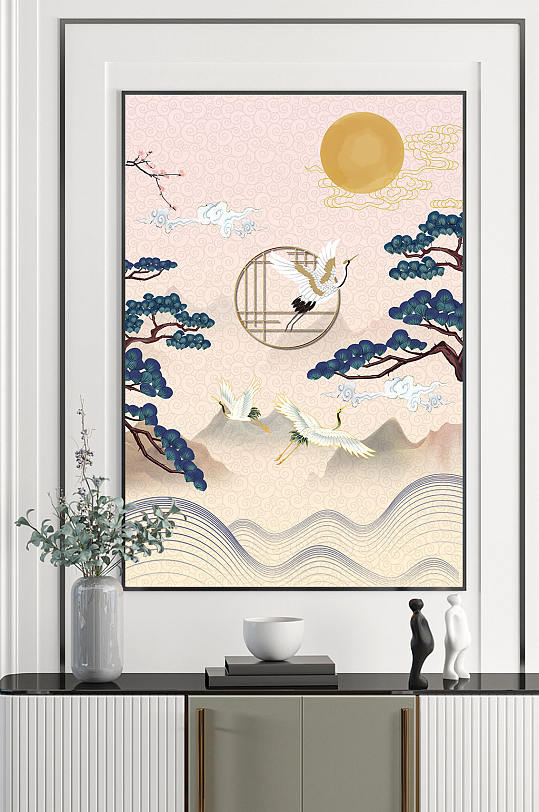 新中式國潮仙鶴祥云裝飾畫