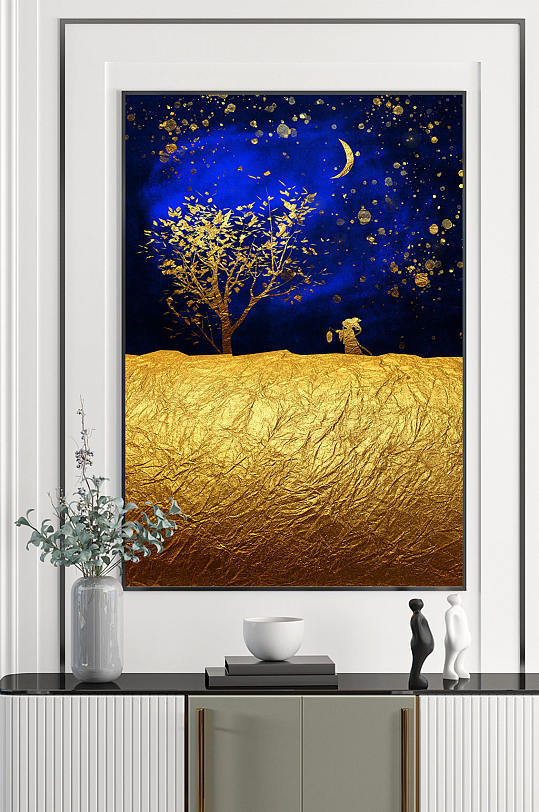 金箔蓝色中国风月亮装饰画