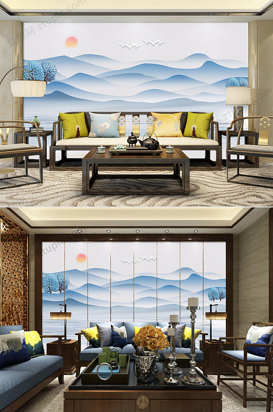 新中式蓝色水墨山水背景墙-众图网