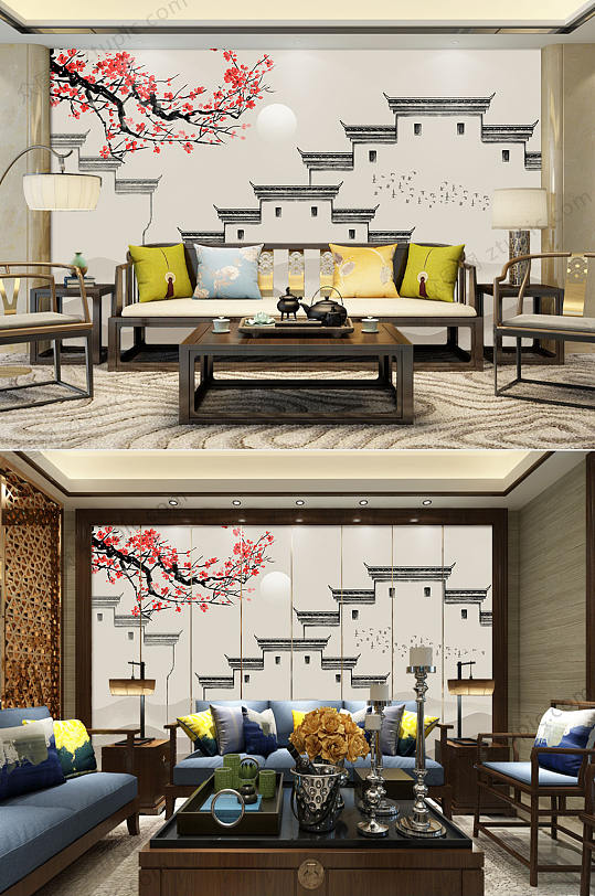 水墨徽派建筑马头墙背景墙-众图网