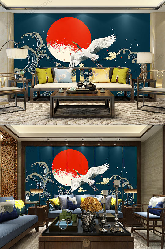 仙鹤祥云传统国潮背景墙