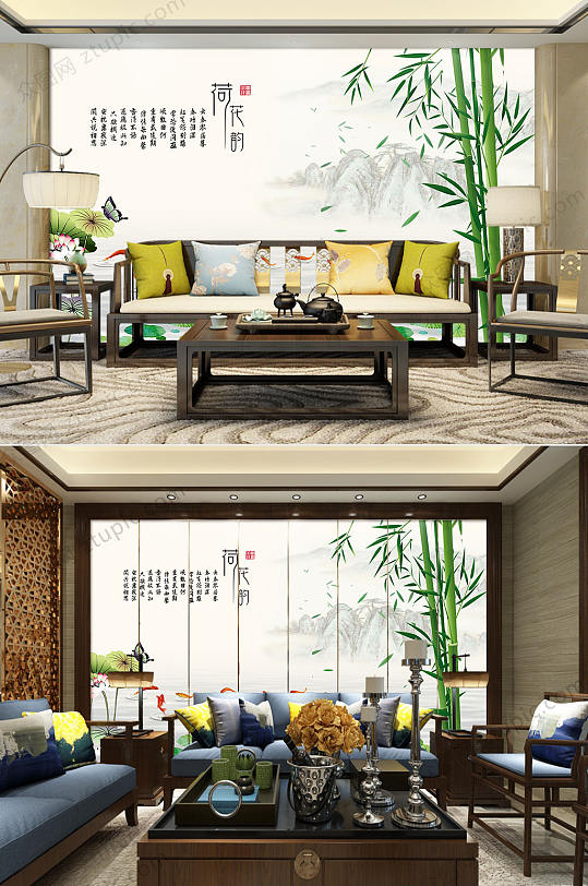 鲤鱼竹子电视背景墙-众图网