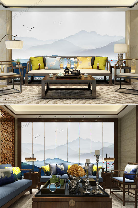 意境蓝色水墨远山背景墙-众图网