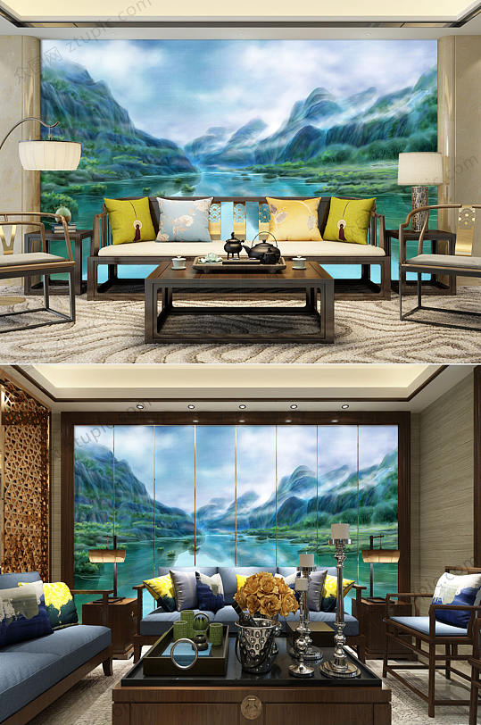 大气山水画中式电视背景墙-众图网
