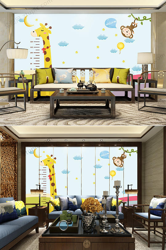 萌趣儿童房电视背景墙-众图网