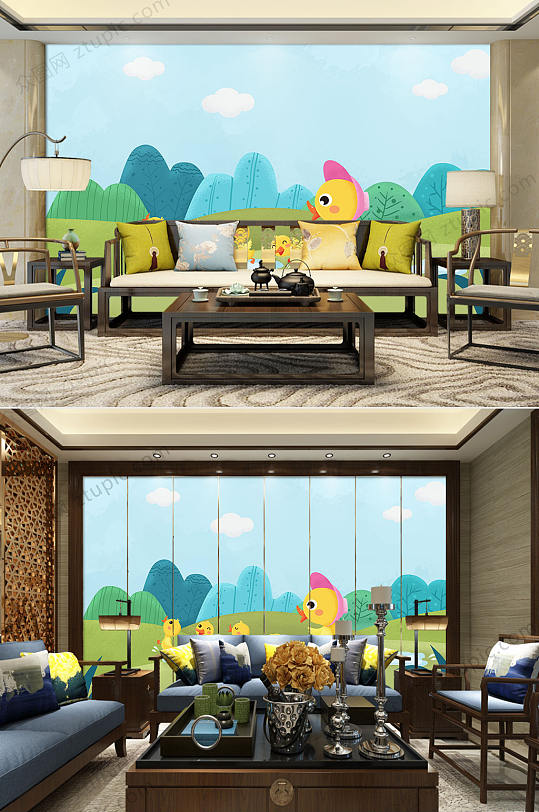 可爱卡通儿童房电视背景墙-众图网