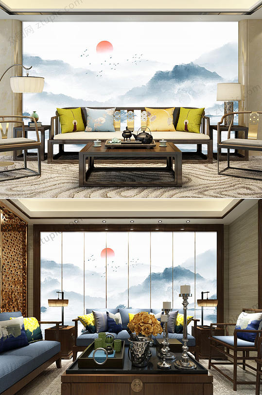 中国风山水客厅背景墙-众图网