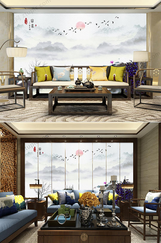 中国风山水水墨画背景墙-众图网