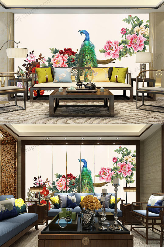 中式古典孔雀牡丹花背景墙-众图网