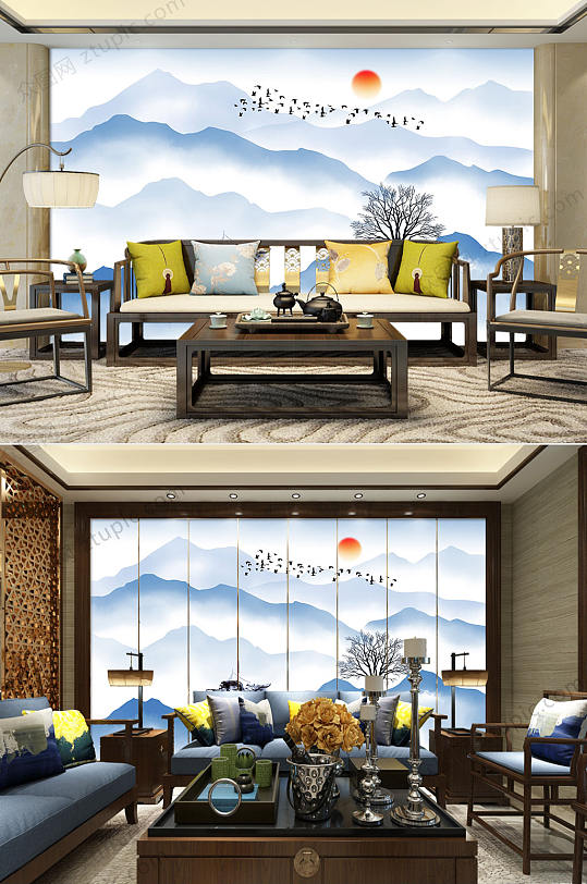 水墨意境抽象山水画背景墙