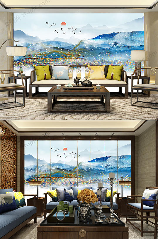 蓝色水墨山水背景墙-众图网