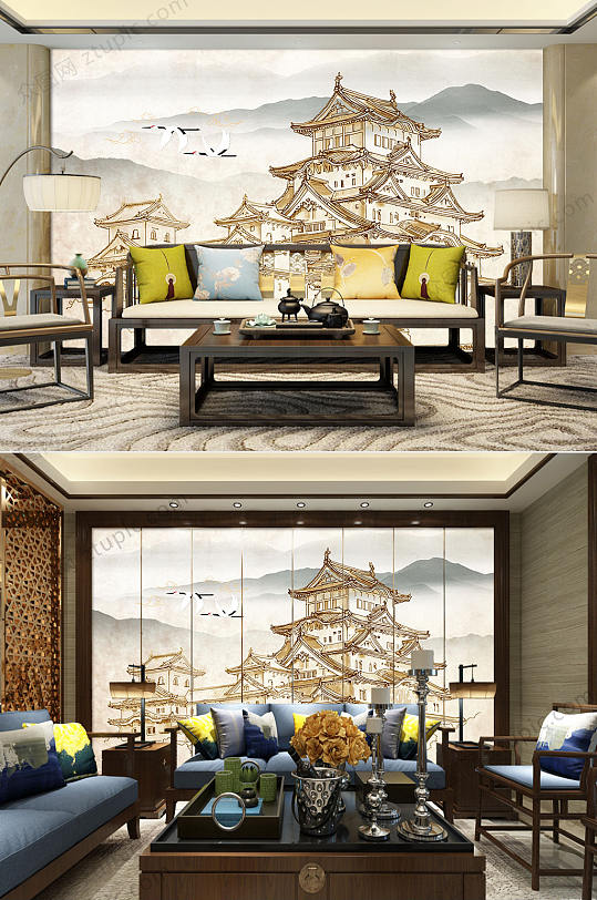 手绘古代建筑背景墙装饰画-众图网