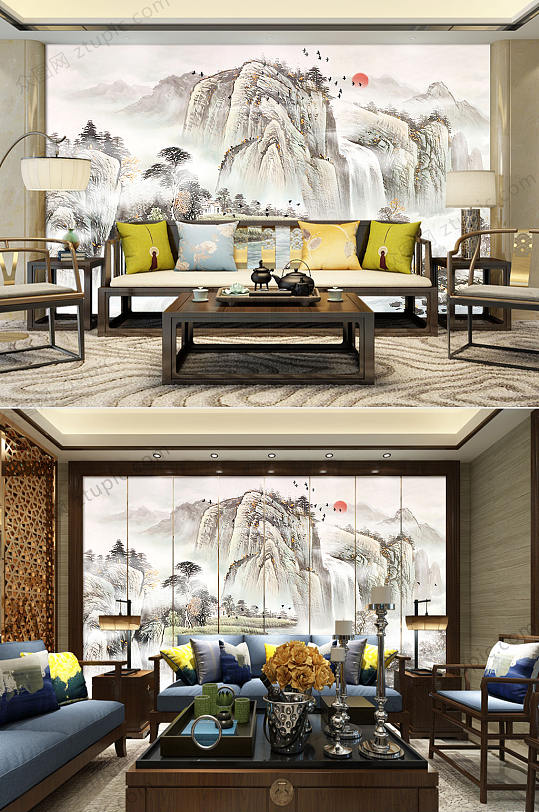 流水生财电视背景墙-众图网