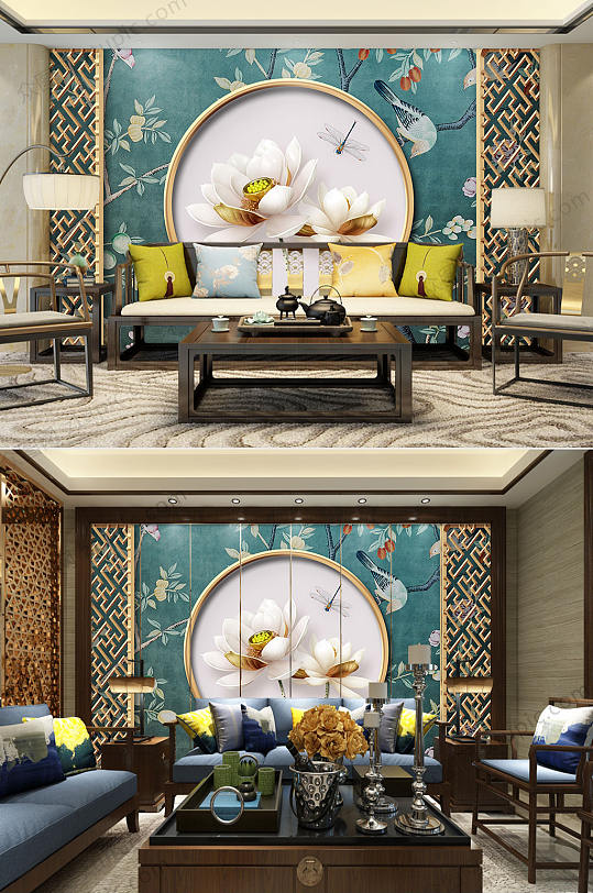 金属镂空花窗荷花背景墙-众图网