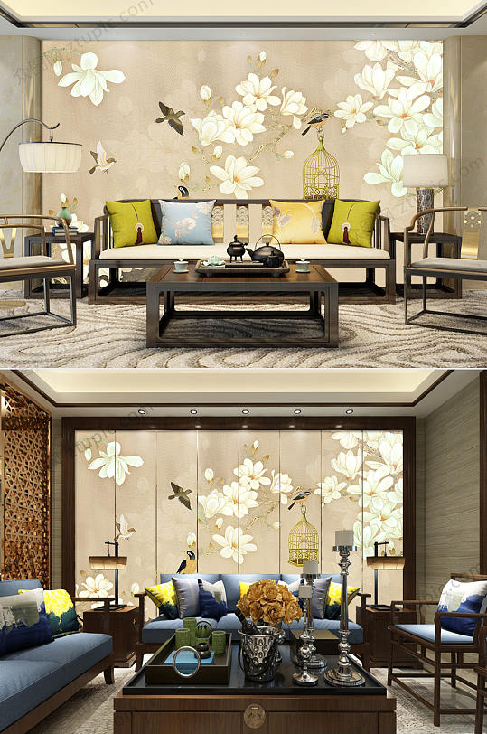 古典工笔花鸟花枝背景墙-众图网