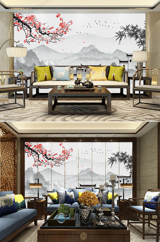 大气徽派古建筑梅花背景墙-众图网