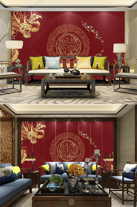 新中式传统花纹龙背景墙-众图网