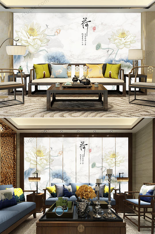 荷花意境工笔画背景墙-众图网