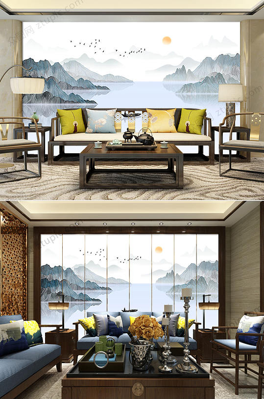 新中式山水画背景墙-众图网