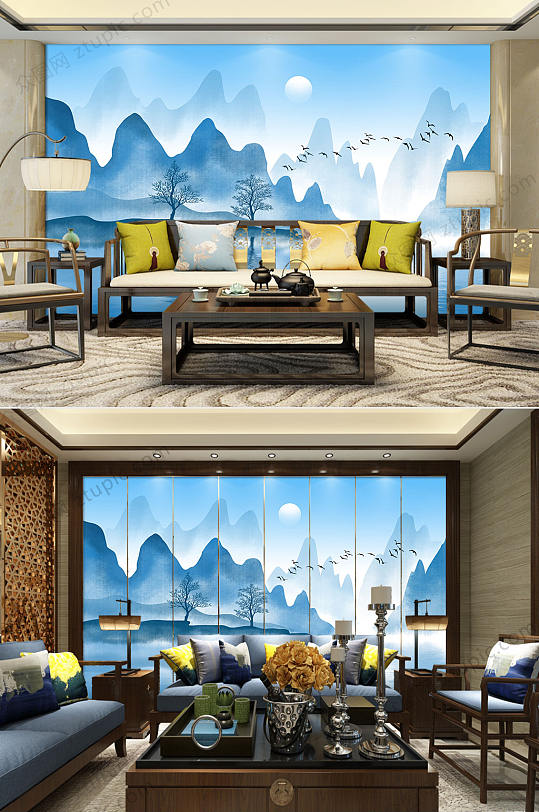蓝色水墨山水画背景墙-众图网