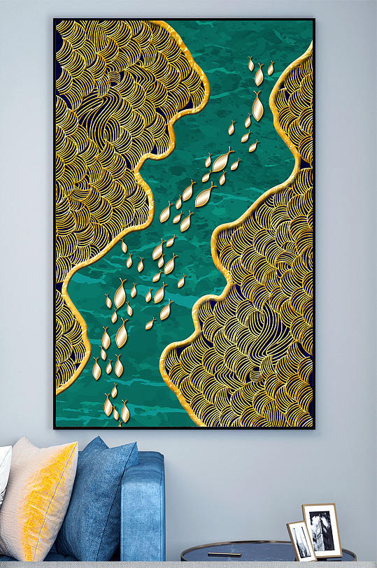 抽象金箔深海鱼群装饰画