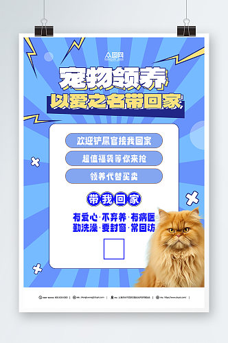 简约蓝色宠物领养爱心公益海报