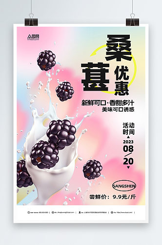 粉色桑葚果园水果采摘促销海报