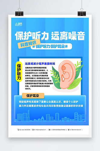 保护听力医疗蓝色海报