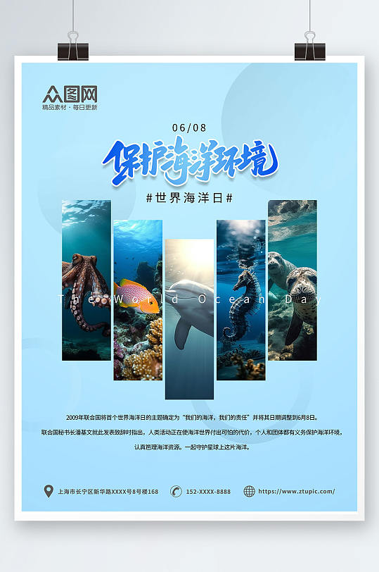 浅蓝简约世界海洋日保护海洋动物海报