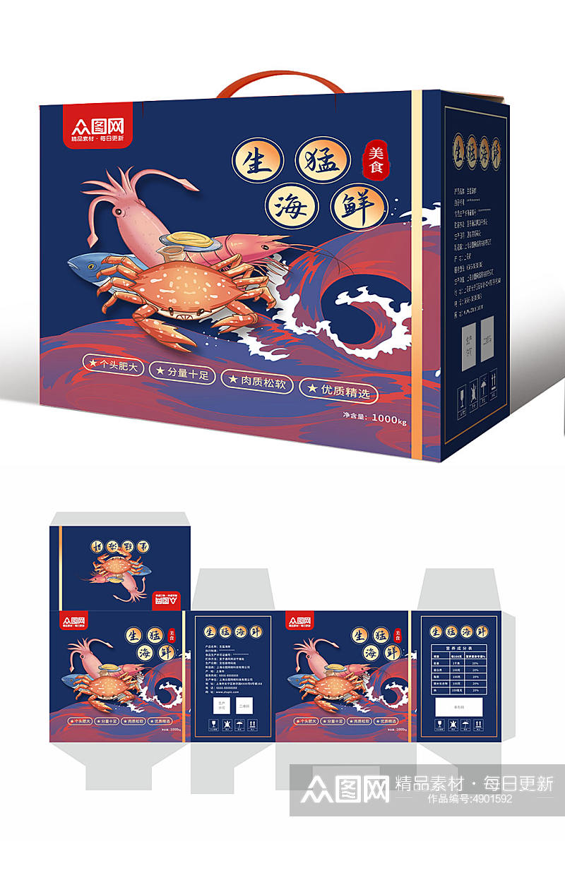 深蓝色高档鱼虾海鲜海产店水产店包装礼盒素材