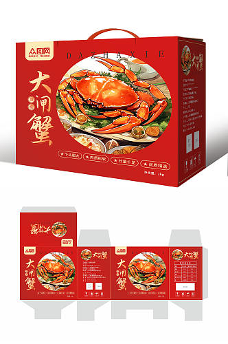 红色秋季美食大闸蟹礼盒包装设计