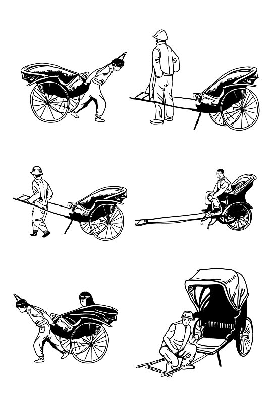拉黄包车的人们手绘-众图网