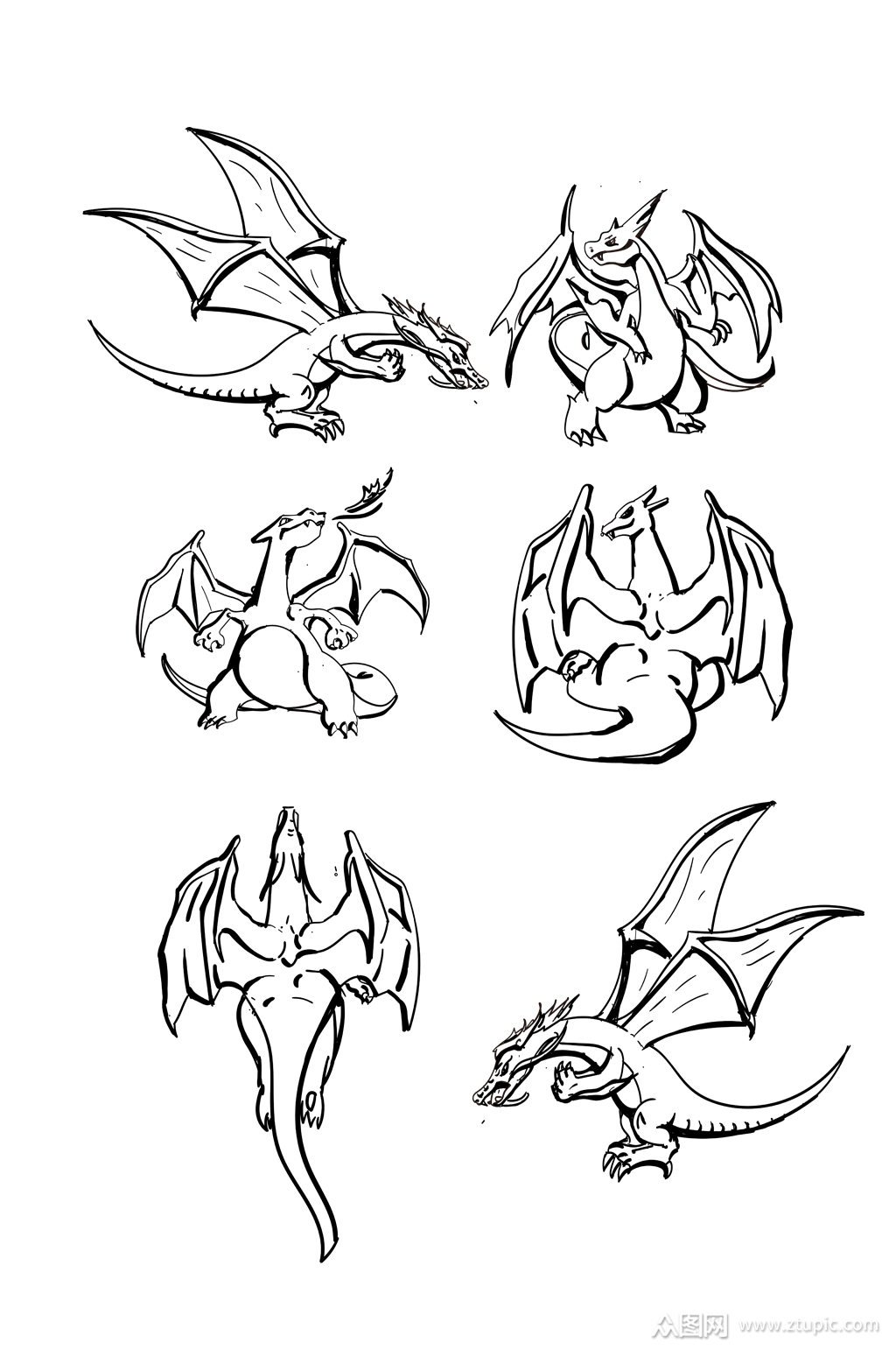 >喷火龙欧洲龙手绘翅膀线稿