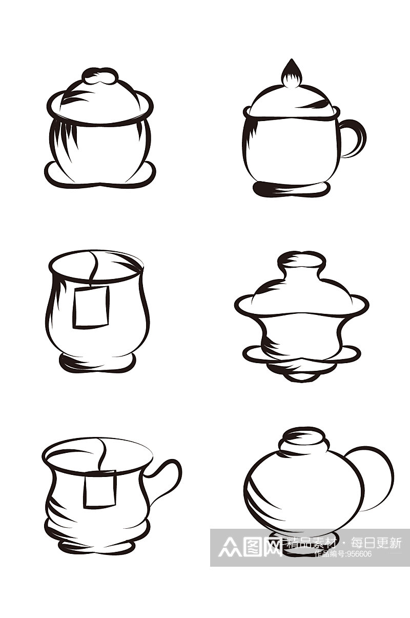 线条茶叶袋茶杯黑色装饰图素材