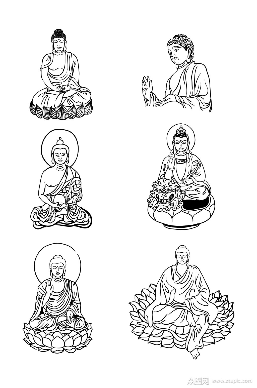 佛祖手绘黑白线描装饰图案素材