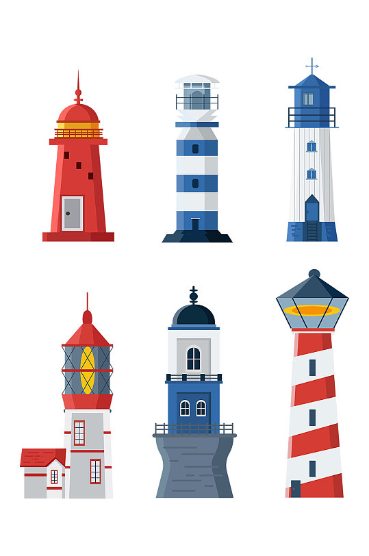 手绘简单海上灯塔套图装饰图案 灯塔工作站