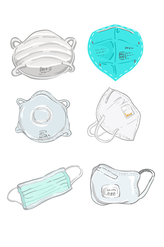 各式口罩写实手绘