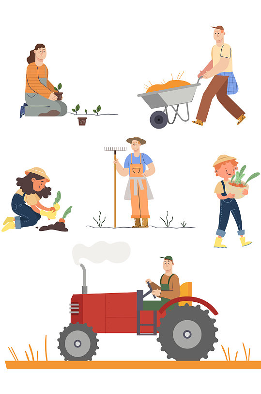 手绘春天农民播种种地拖拉机收割田园